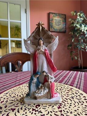 Hand-Painted Nativity Figurine with Angel in Red and Blue